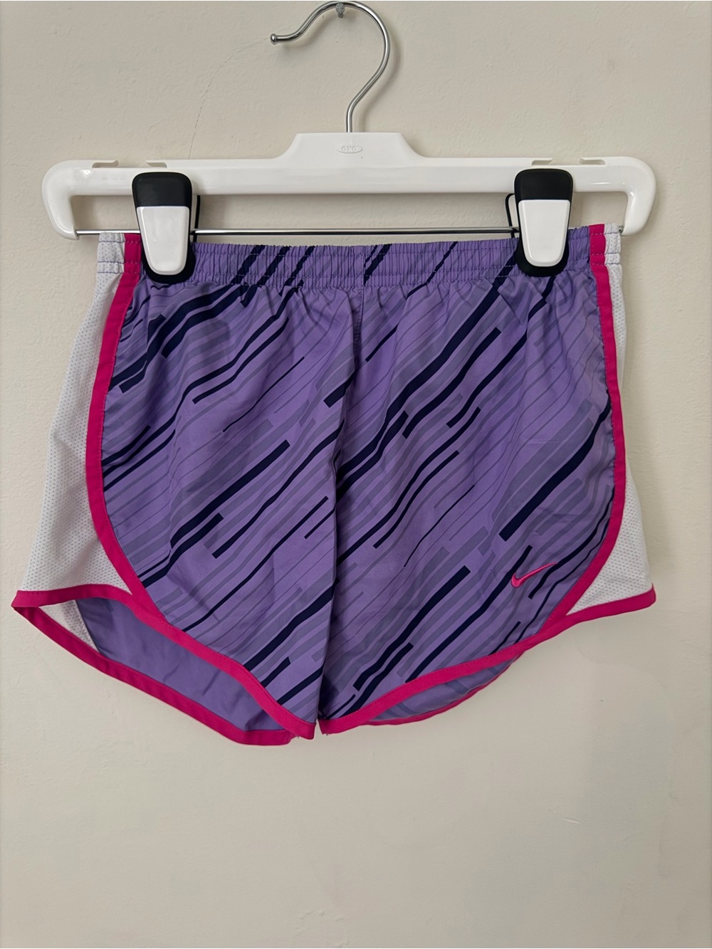 Nike Purple Athletic Shorts with Pink Trim and Navy Stripe